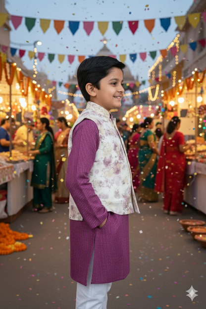 Abstract cream/Purple print Jacket with Kurta -Pyjama