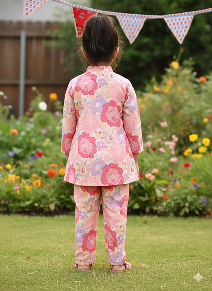Pink Flower Printed Girls Co-Ord Set