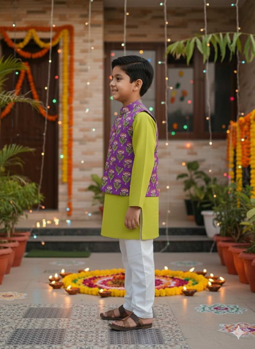 Lavender Floral Print Jacket with Kurta -Pyjama