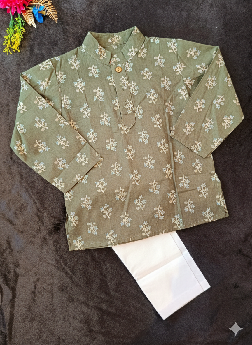 Olive green block printed Kurta -Pyjama