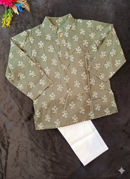 Olive green block printed Kurta -Pyjama