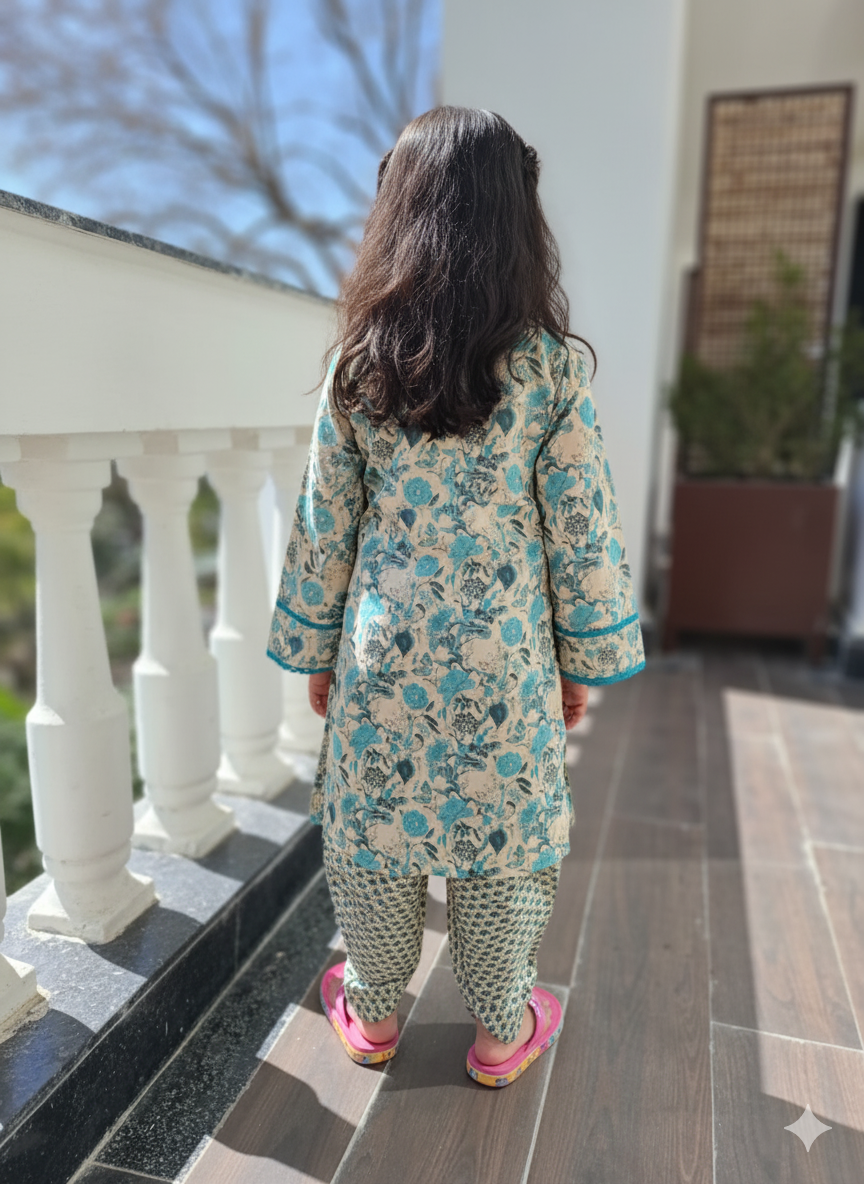 Blue Flower printed Straight Kurta with Dhoti Style Tulip Pant