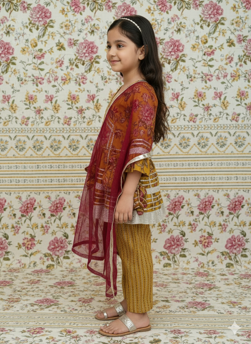 Ethanic Floral Printed Girls Flare Suit Set