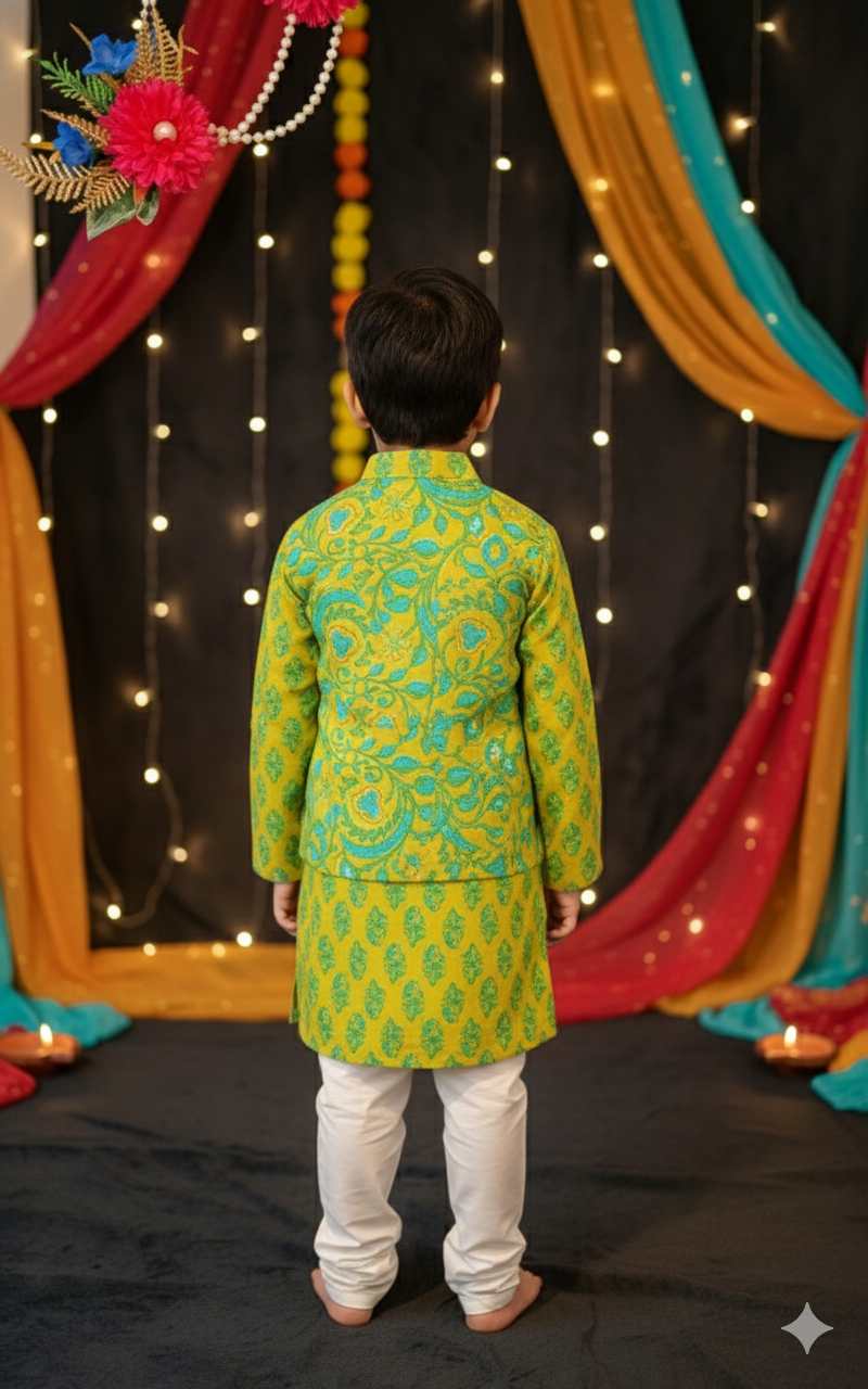 Lime Green Phool Patti printed Jacket with Kurta -Pyjama