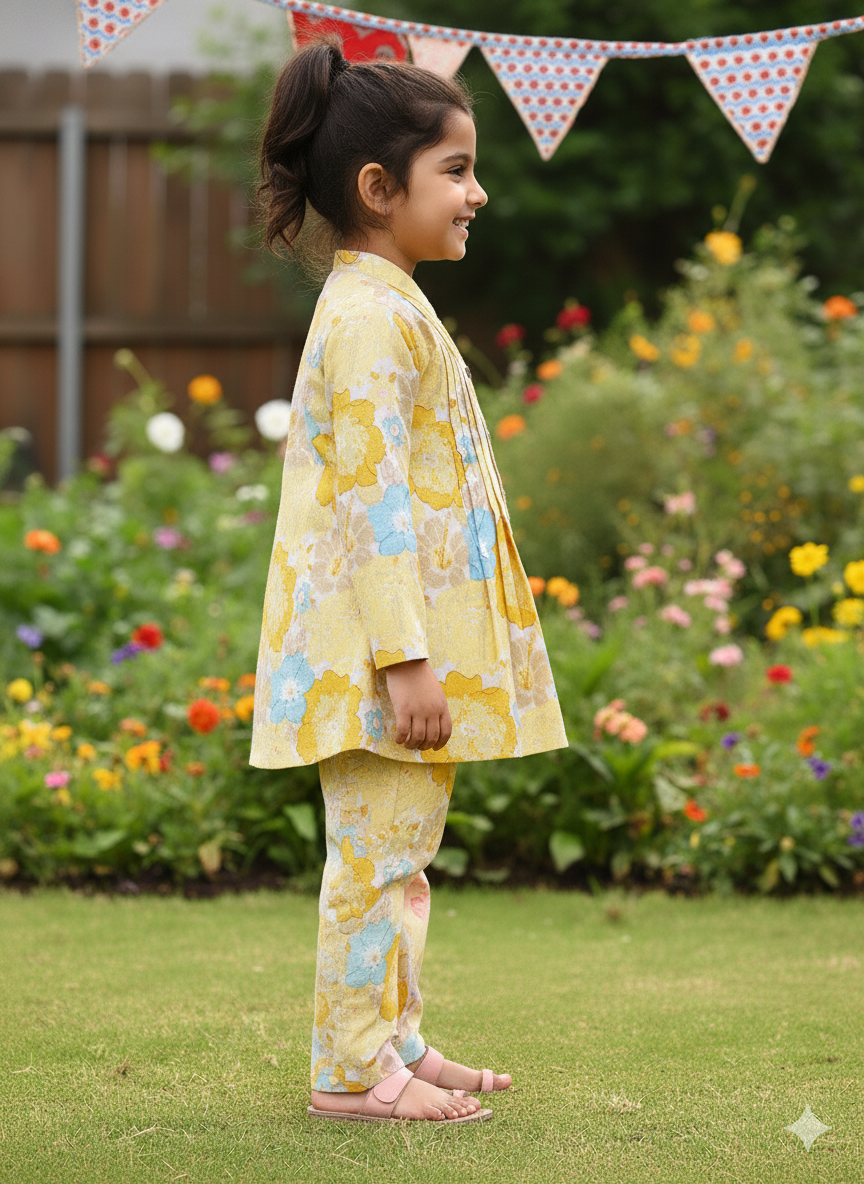 Yellow  Flower Printed Girls Co-Ord Set