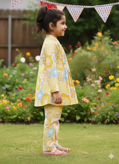 Yellow  Flower Printed Girls Co-Ord Set