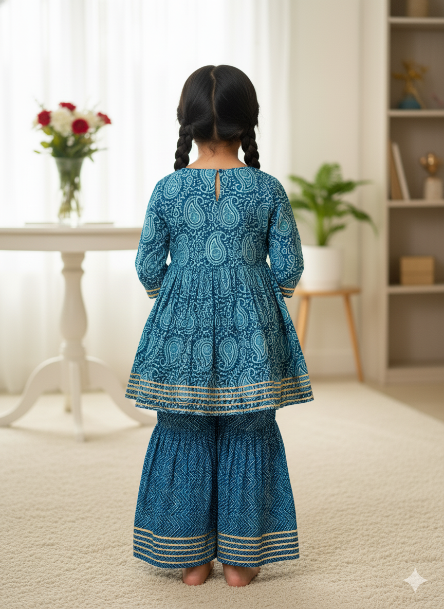 Block Printed Blue Colour Anarkali Suit with Sharara
