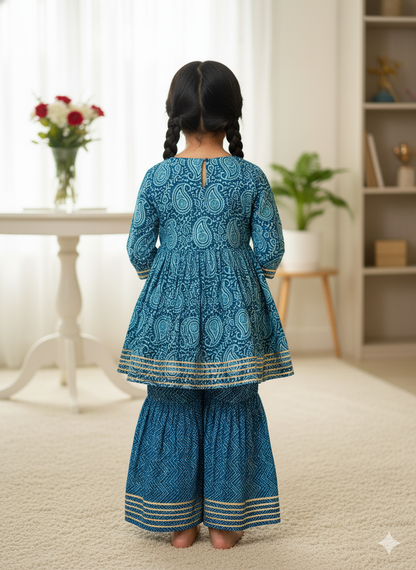 Block Printed Blue Colour Anarkali Suit with Sharara