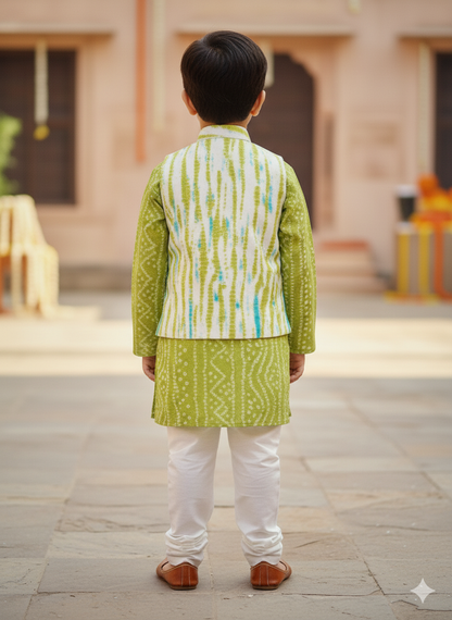Parrot Green Tie and Dye Jacket with Bandhej Kurta -Pyjama