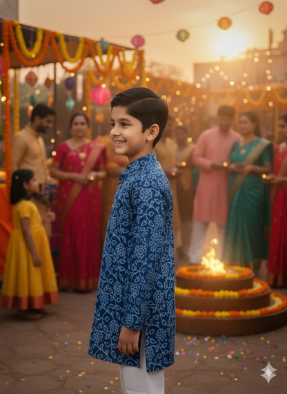 Indigo blue discharge printed Kurta -Pyjama