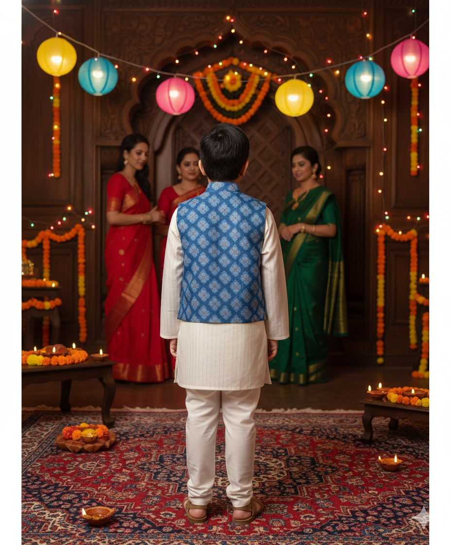 Royal Blue Jaal Buta Jacket with Kurta Pyjama