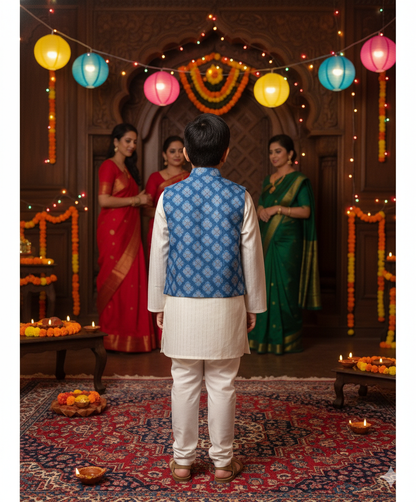 Royal Blue Jaal Buta Jacket with Kurta Pyjama