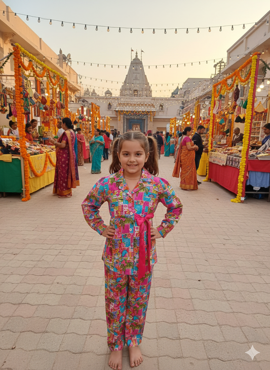 Pink Colour Tropical Print Girls Co-Ord Set