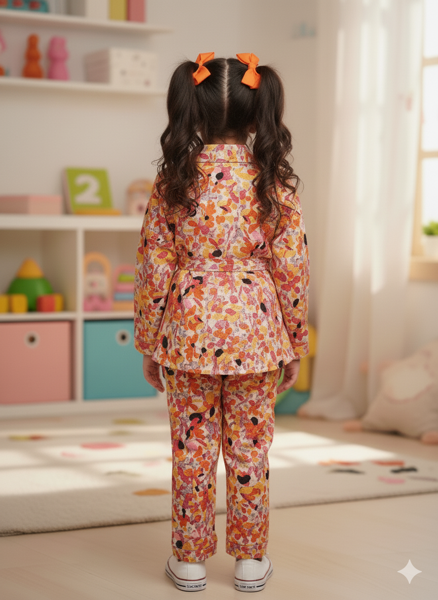 Orange Colour Flower Print Girls Co-Ord Set