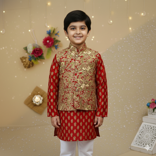 Red Jaal -Buta Jacket with Kurta -Pyjama