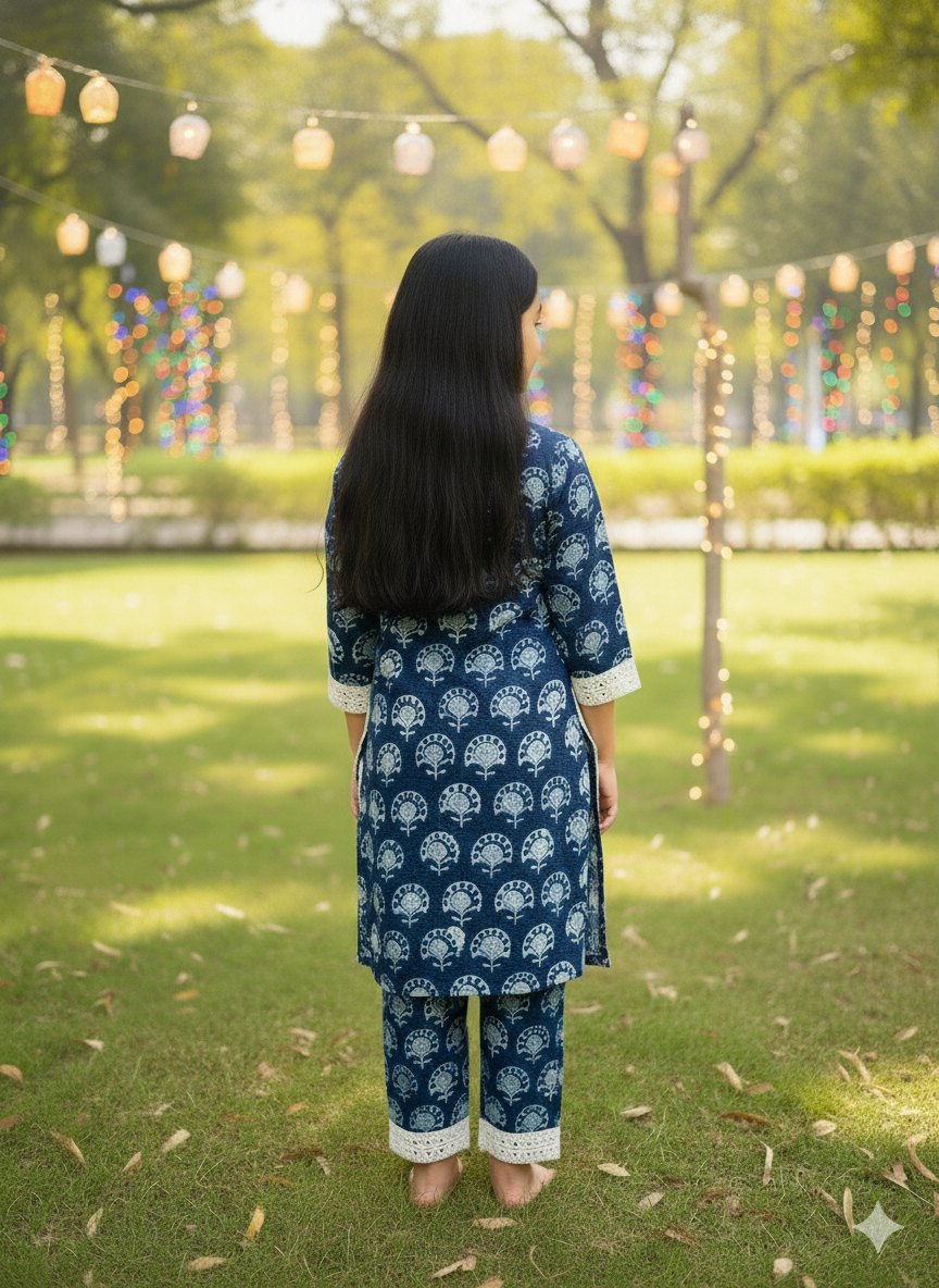 Blue Block Printed Straight Kurta with Palazzo