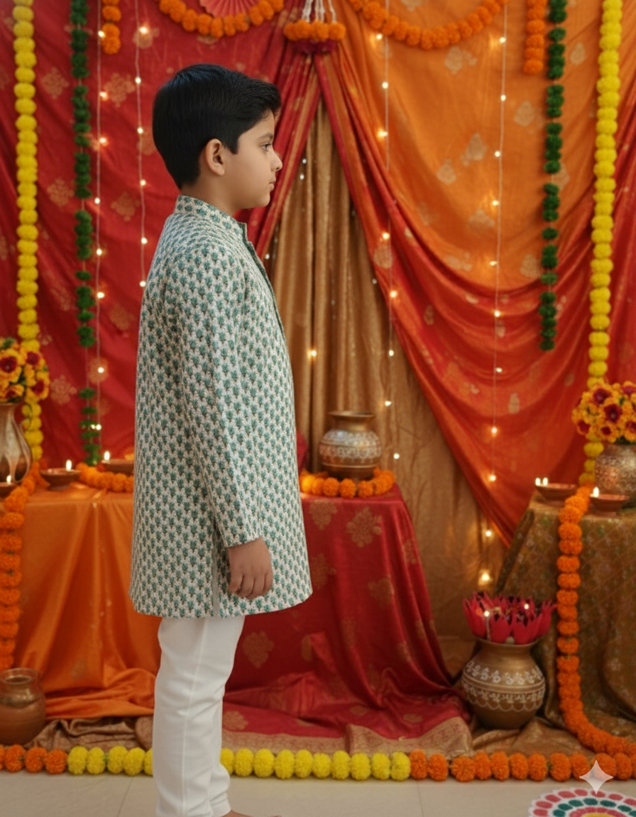SeaGreen Block Printed Boy's Kurta