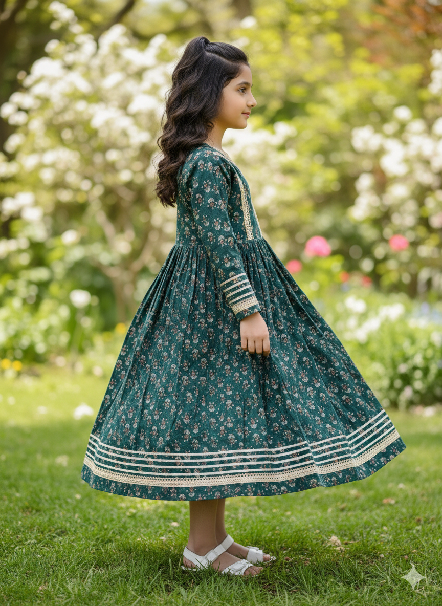 Green Block Printed Cotton Gown For girls