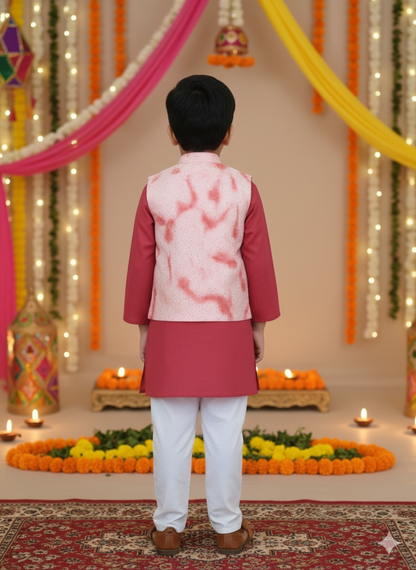 Schiffli Peach-Rust Jacket with Kurta -Pyjama