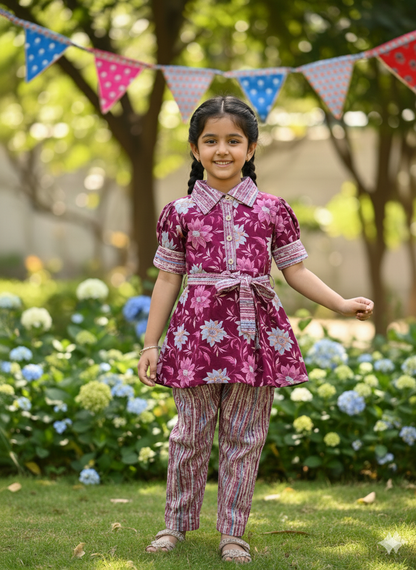 Flower Print Wine Colour Girls Co-Ords