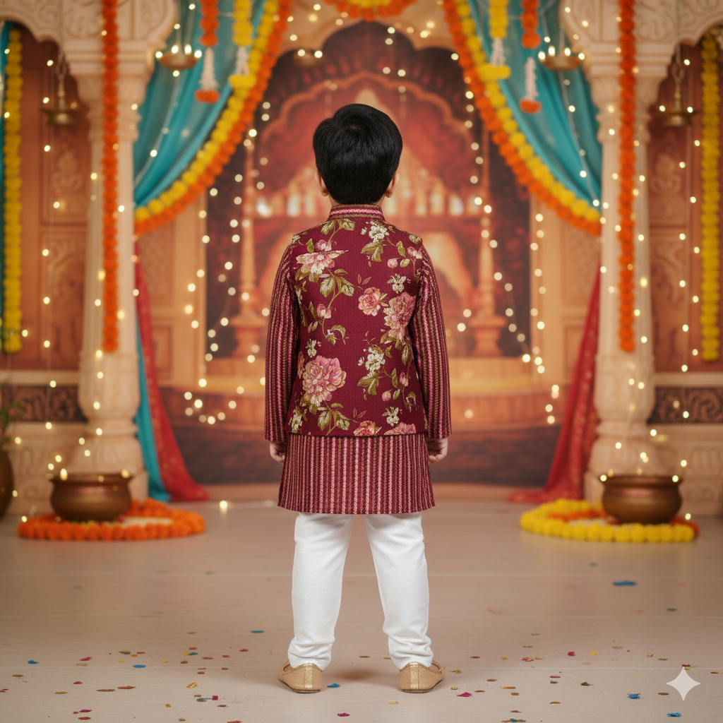 Mehroon Fulwari Jacket with Kurta -Pyjama ( Tie and Dye)