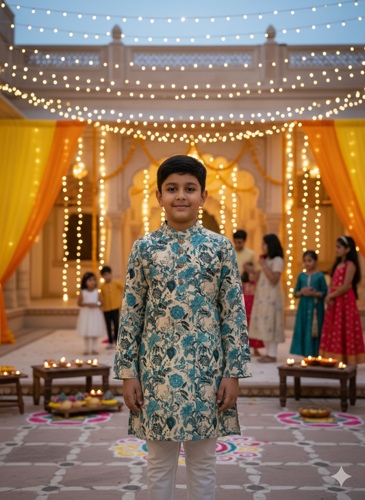 Teal Blue Floral Printed Boy's Kurta