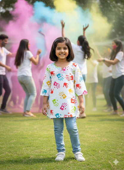 Multicolor Handprint Girls Kurti for Holi