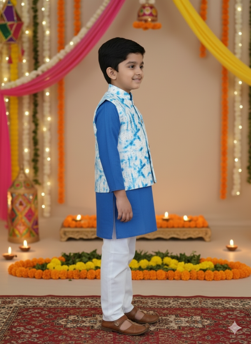 Schiffli Blue Jacket with Kurta -Pyjama