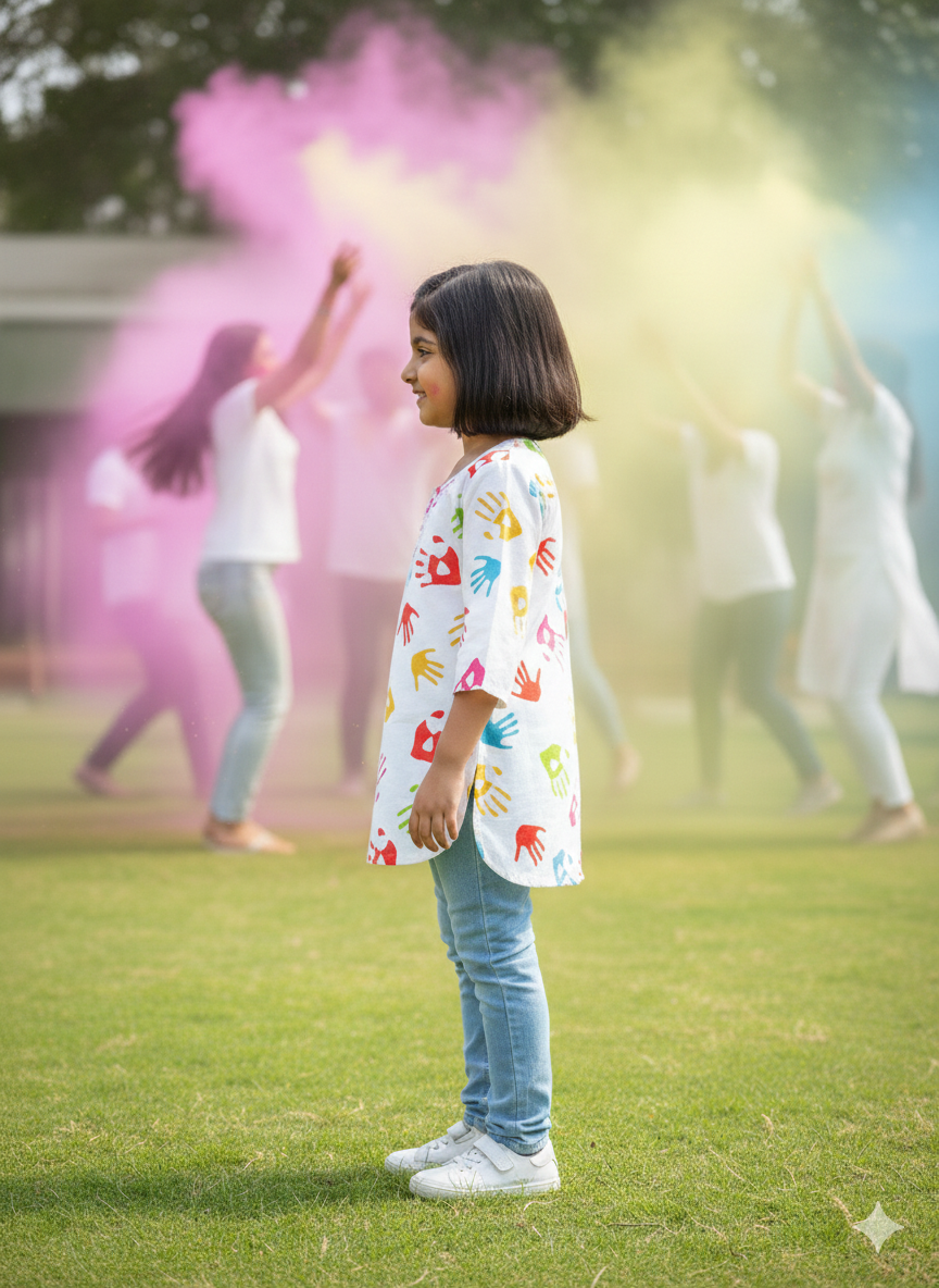 Multicolor Handprint Girls Kurti for Holi
