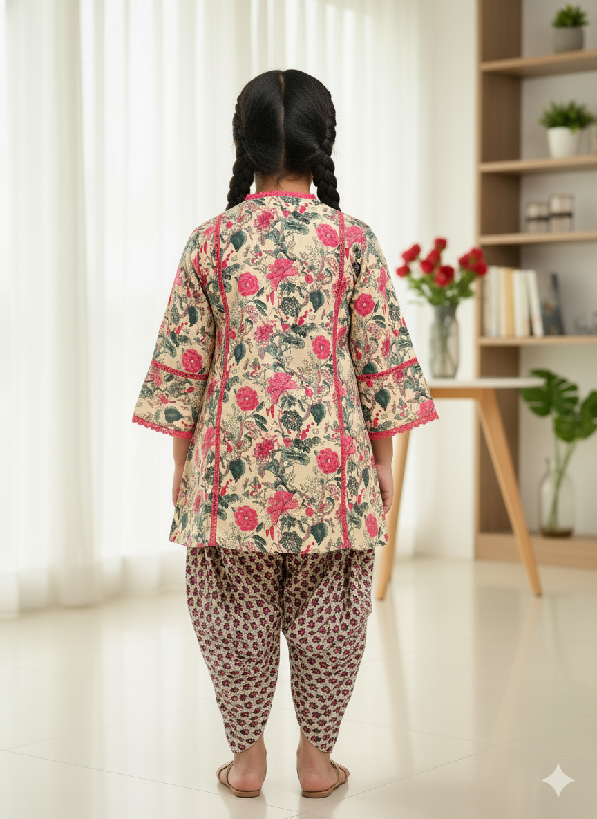 Pink Flower printed Straight Kurta with Dhoti Style Tulip Pant