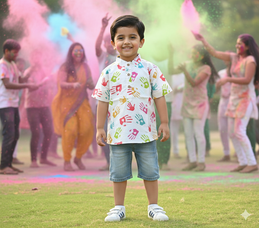 Multicolor Handprint Boy's Shirt For Holi