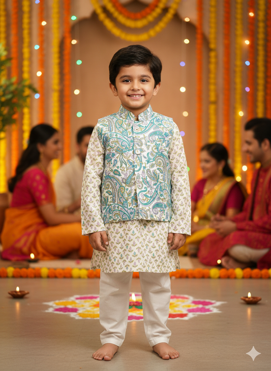 Sky Blue Paisley Print Jacket With Kurta -Pyjama