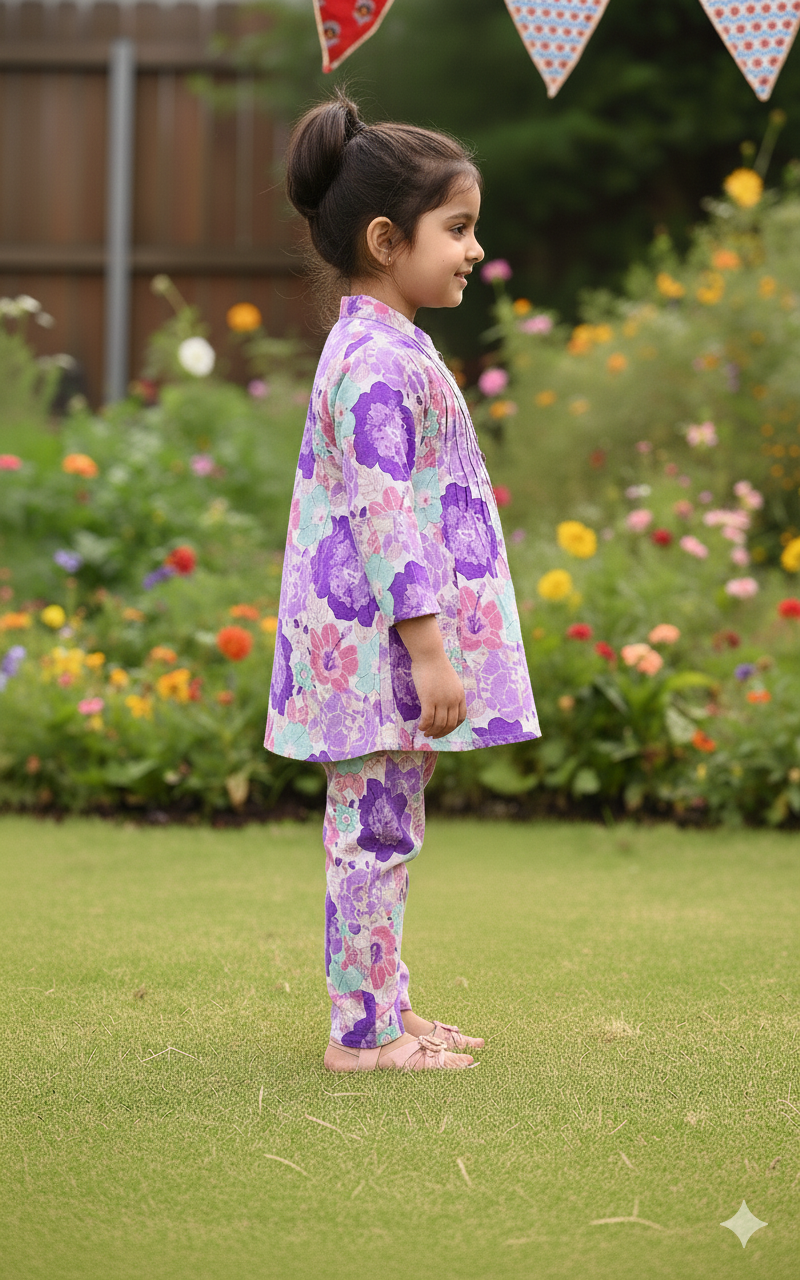 Lavender  Flower Printed Girls Co-Ord Set