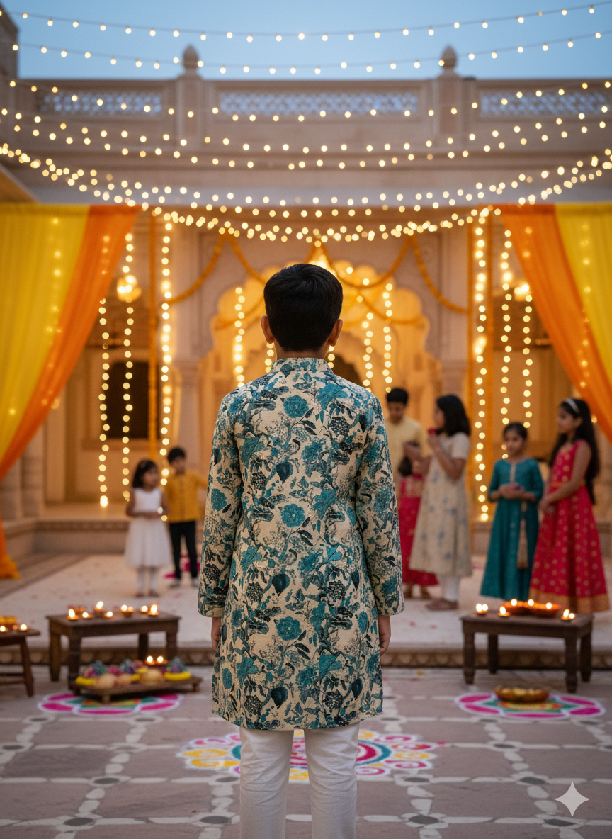 Teal Blue Floral Printed Boy's Kurta