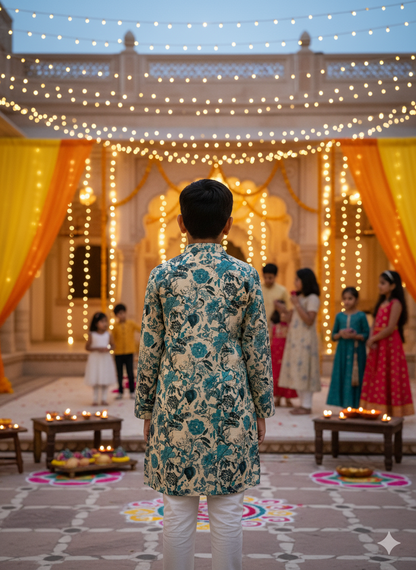 Teal Blue Floral Printed Boy's Kurta