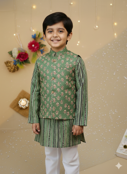 Dark Henna Green print Jacket with Kurta -Pyjama