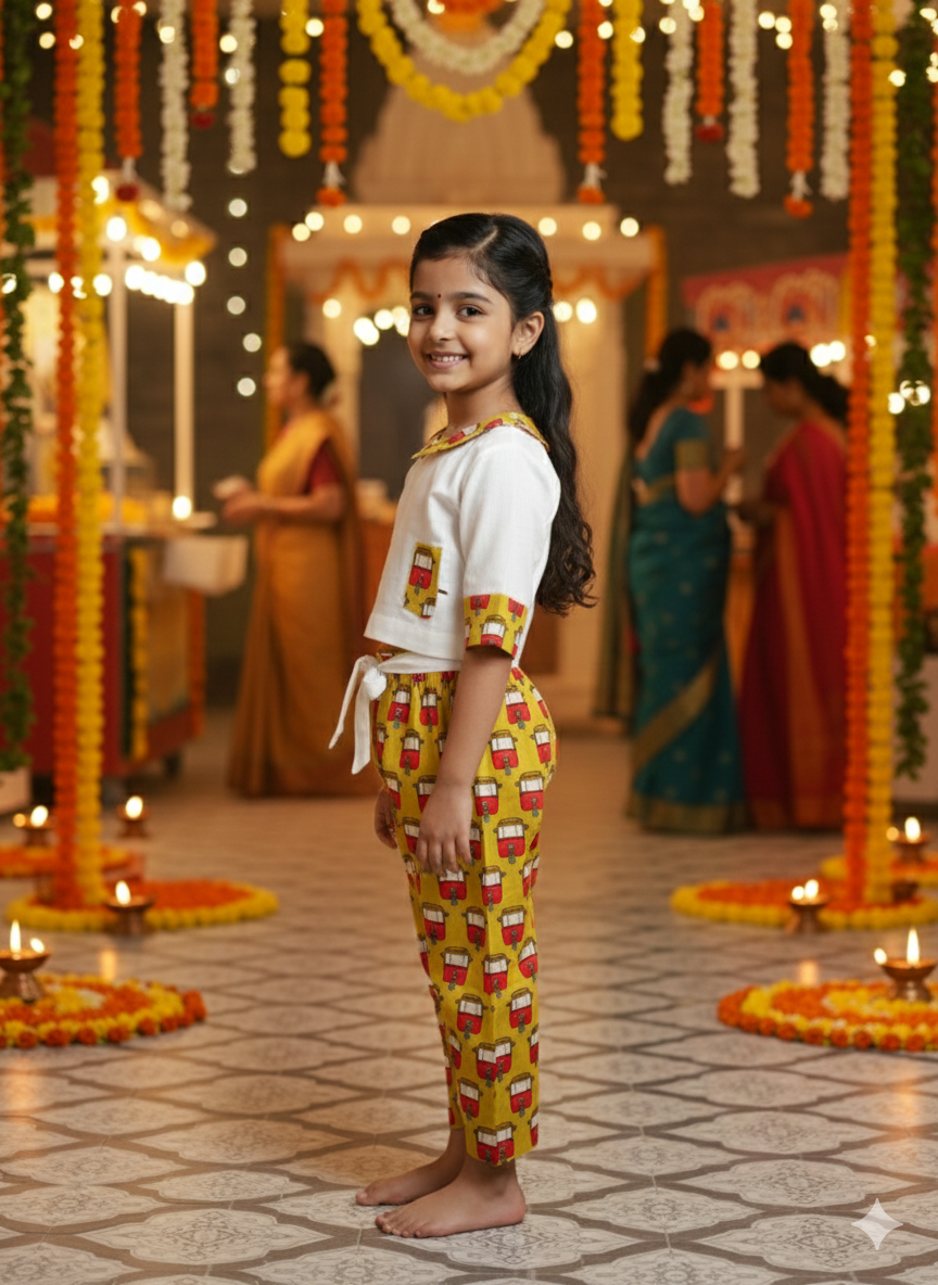 Mustard coloured Auto Printed Girls Co-Ords
