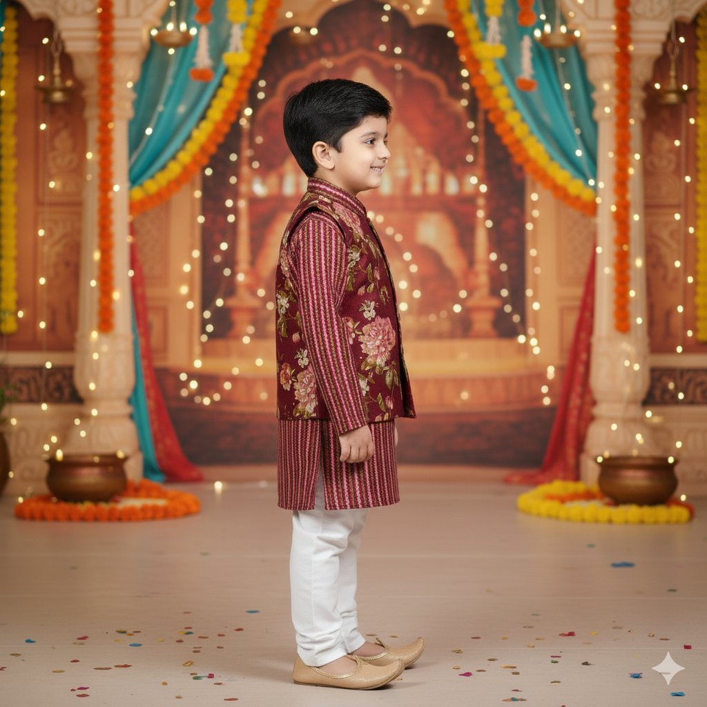 Mehroon Fulwari Jacket with Kurta -Pyjama ( Tie and Dye)