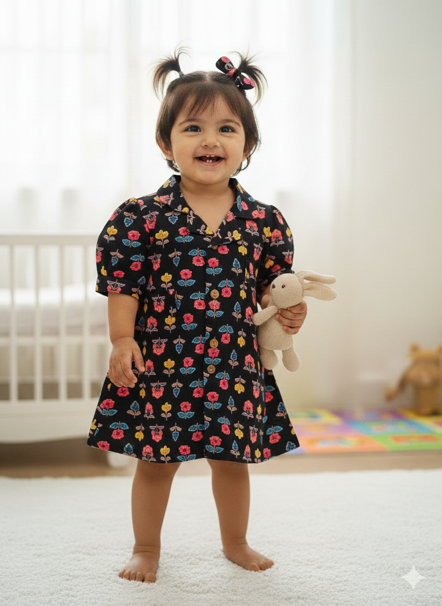 Flower Printed Black color Summer Frock For girls