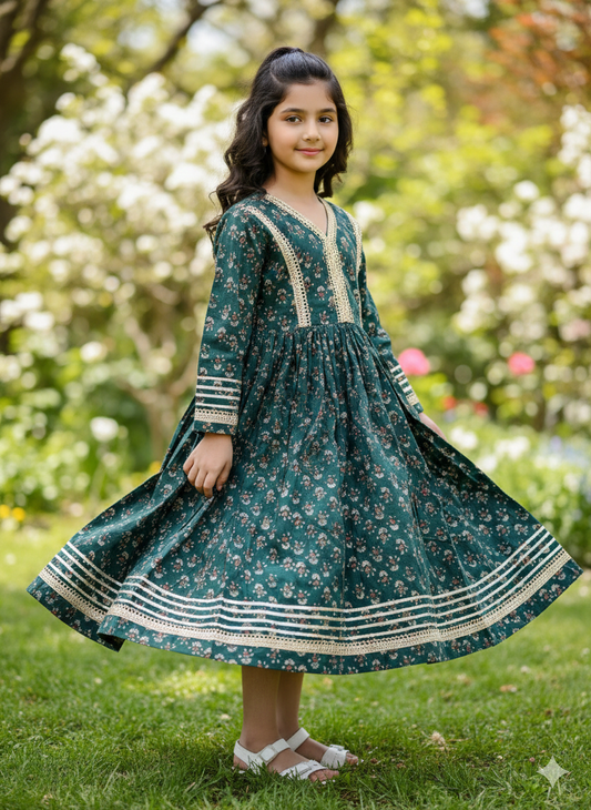 Green Block Printed Cotton Gown For girls