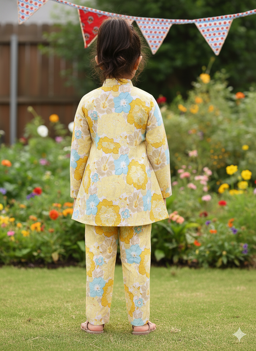 Yellow  Flower Printed Girls Co-Ord Set