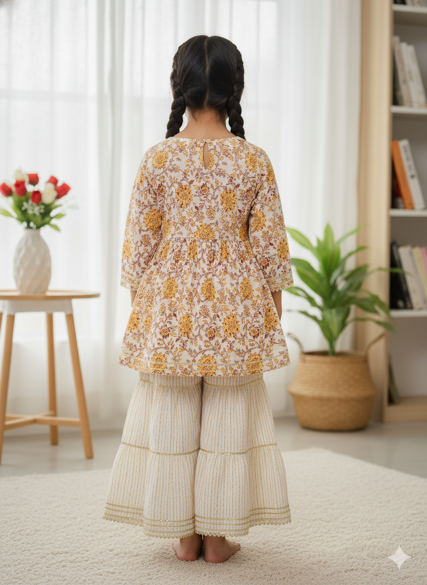 Screen Print Yellow Color Anarkali suit With Sharara