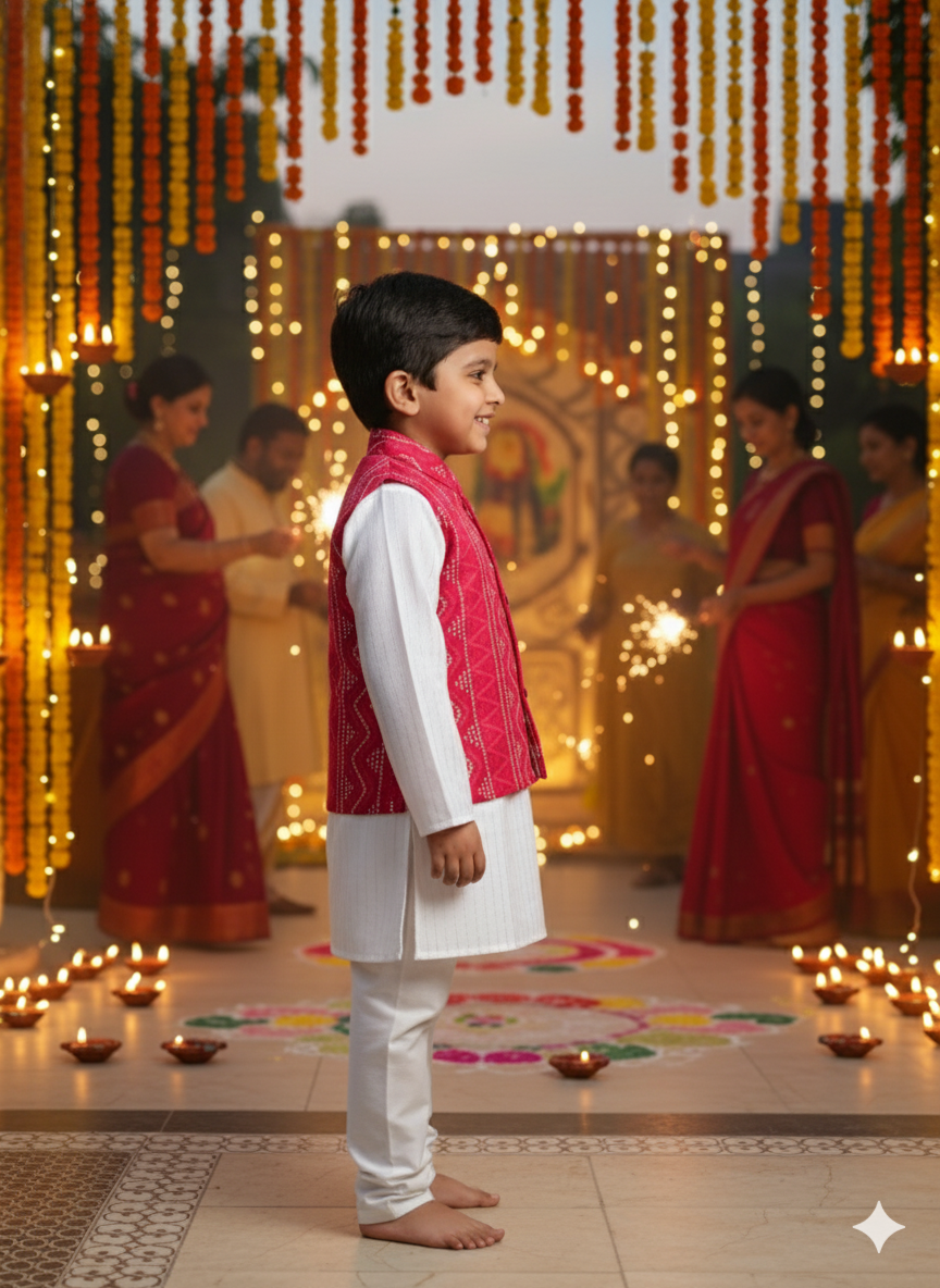 Red Bandhej Jacket With Lurex Kurta Pyjama