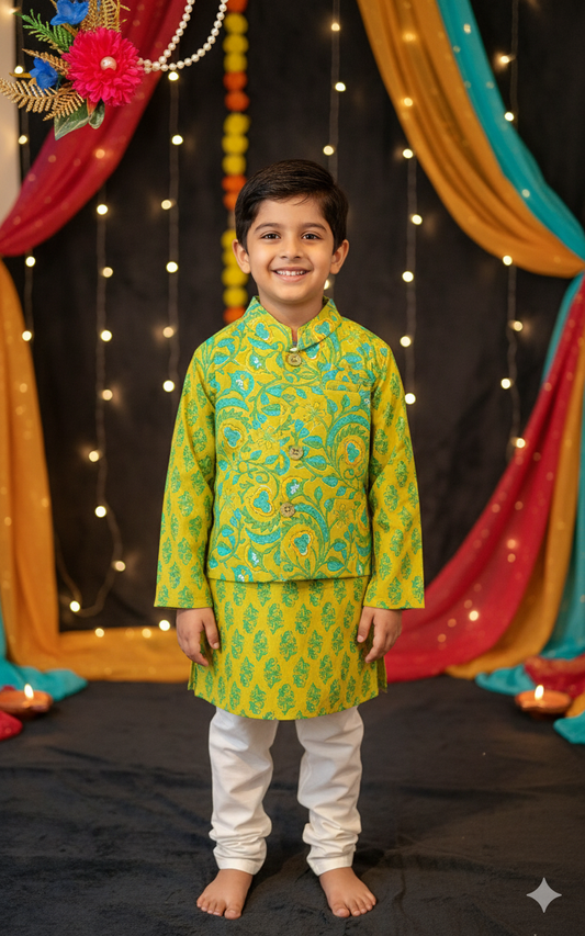 Lime Green Phool Patti printed Jacket with Kurta -Pyjama