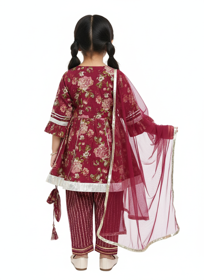 Maroon Floral Printed Girls Flare Suit Set