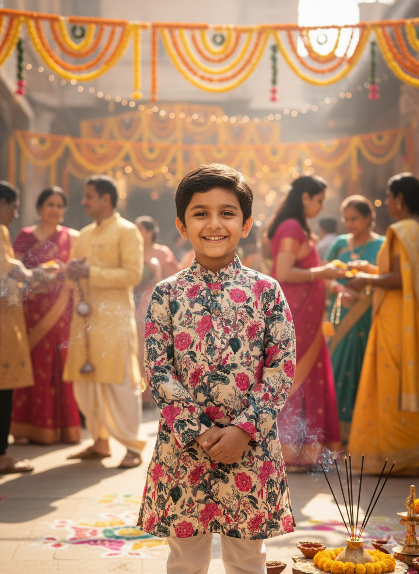 Teal Blue Floral Printed Boy's Kurta