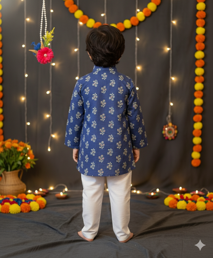 Navy Blue Block Printed Kurta -Pyjama