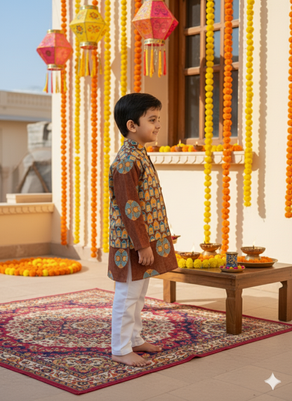Brown Ajrakh Jacket with Kurta -Pyjama