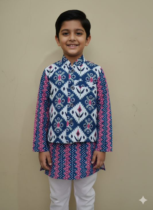 Ikkat Blue Print Jacket with Kurta -Pyjama