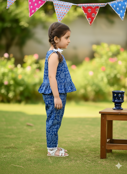 Indigo Blue Discharge printed Girls Co-ord Set